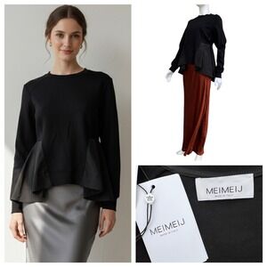 MeiMeiJ Italy Taffeta Peplum Top Black Structured M Quiet Luxury Old Money NWT